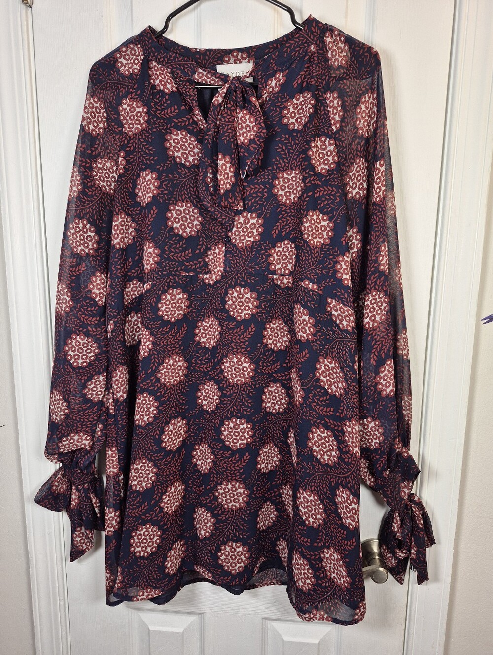 Hayden Los Angeles Floral Tie-Neck Long Sleeve Sheer Tunic Dress M Boho Cottage